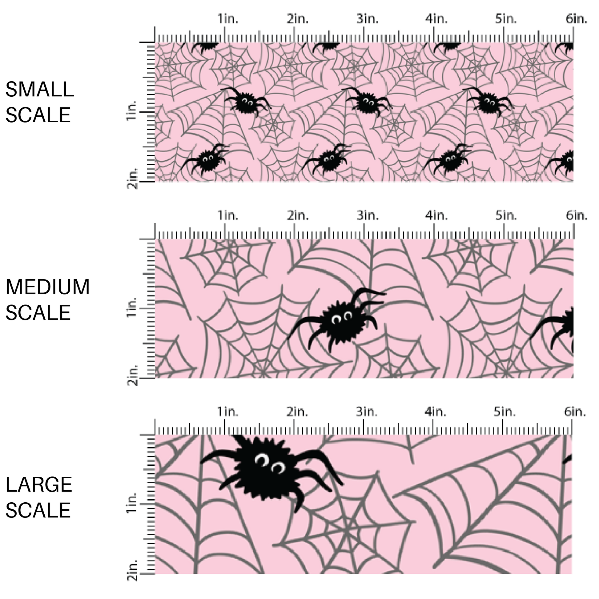 Light pink fabric by the yard scaled image guide with black spiders and spiderwebs.