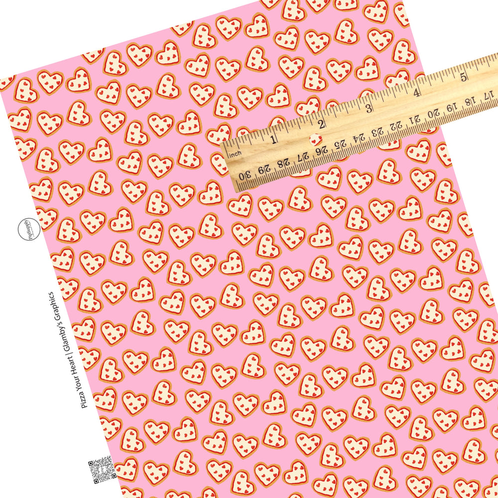 These Valentine's pattern themed faux leather sheets contain the following design elements: heart shaped pepperoni pizza on pink. Our CPSIA compliant faux leather sheets or rolls can be used for all types of crafting projects.