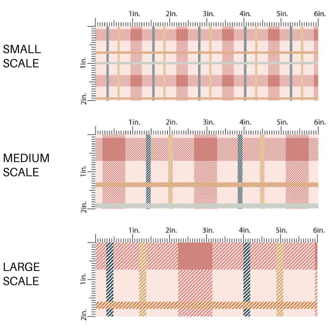 Blue, yellow, and pink plaid print on light pink fabric by the yard scaled image guide.