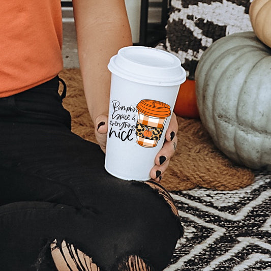 "Pumpkin Spice & Everything Nice" Adhesive cup sticker.