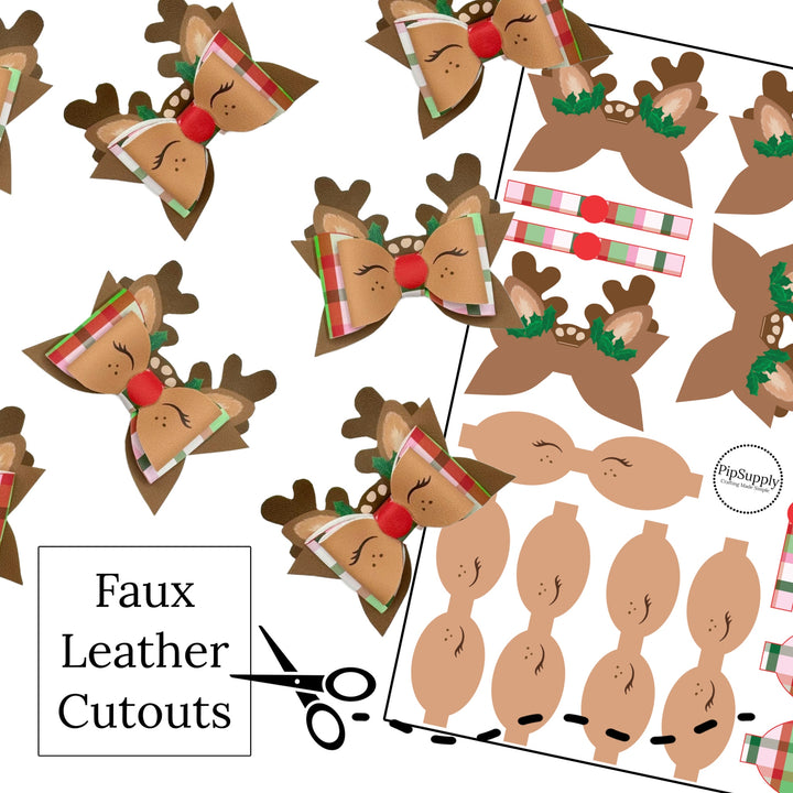 Plaid Reindeer Layered Bow Faux Leather DIY Hair Bows