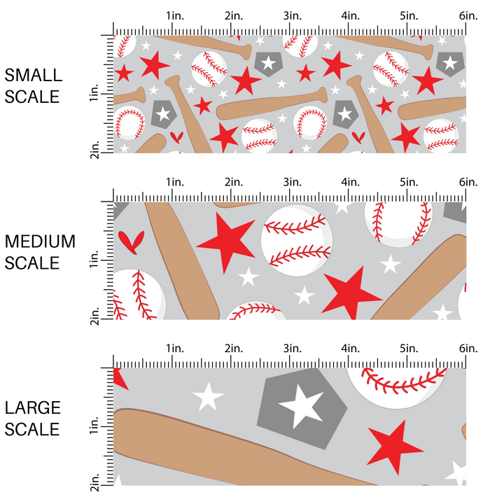 Gray fabric by the yard scaled image guide with brown baseball bats, homerun plates, red stars, and white baseballs.