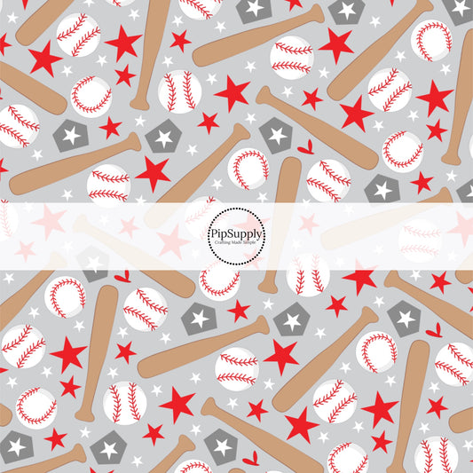 Gray fabric by the yard with brown baseball bats, homerun plates, red stars, and white baseballs.
