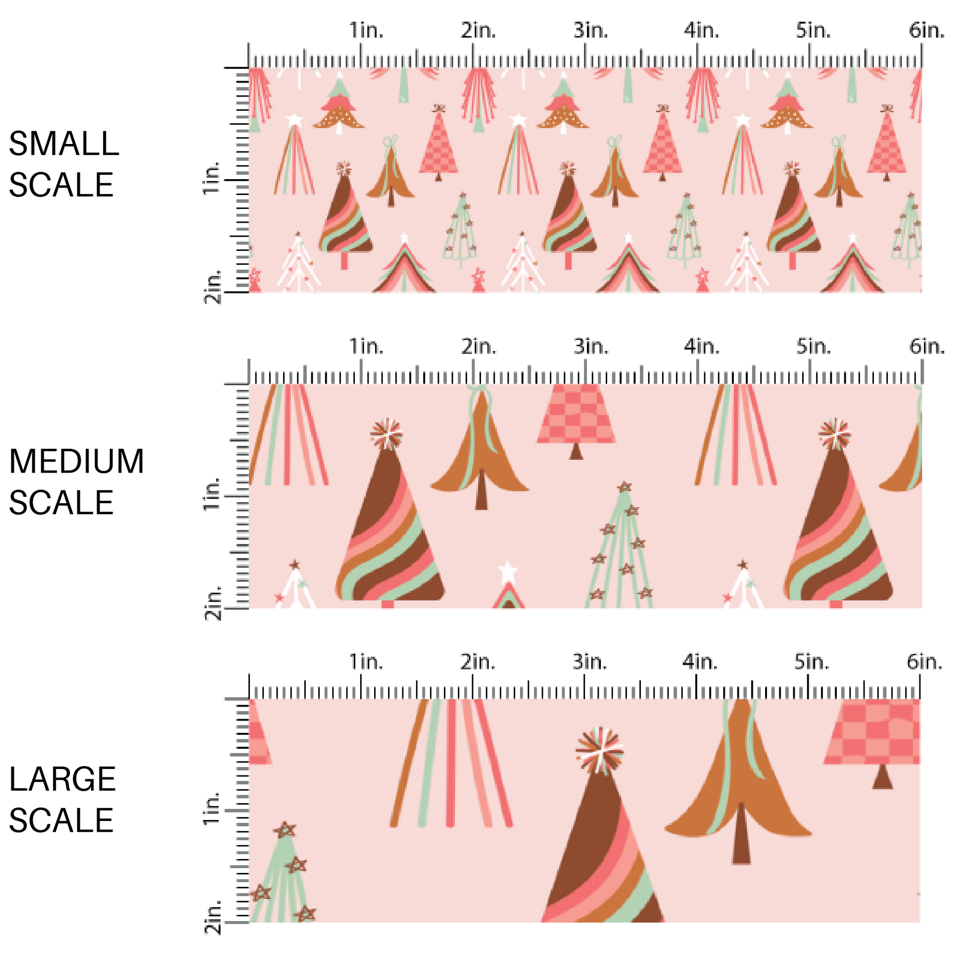 Light pink fabric by the yard scaled image guide with multi-colored Christmas trees.