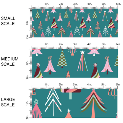Multi-colored Christmas trees on turquoise blue fabric by the yard scaled image guide.