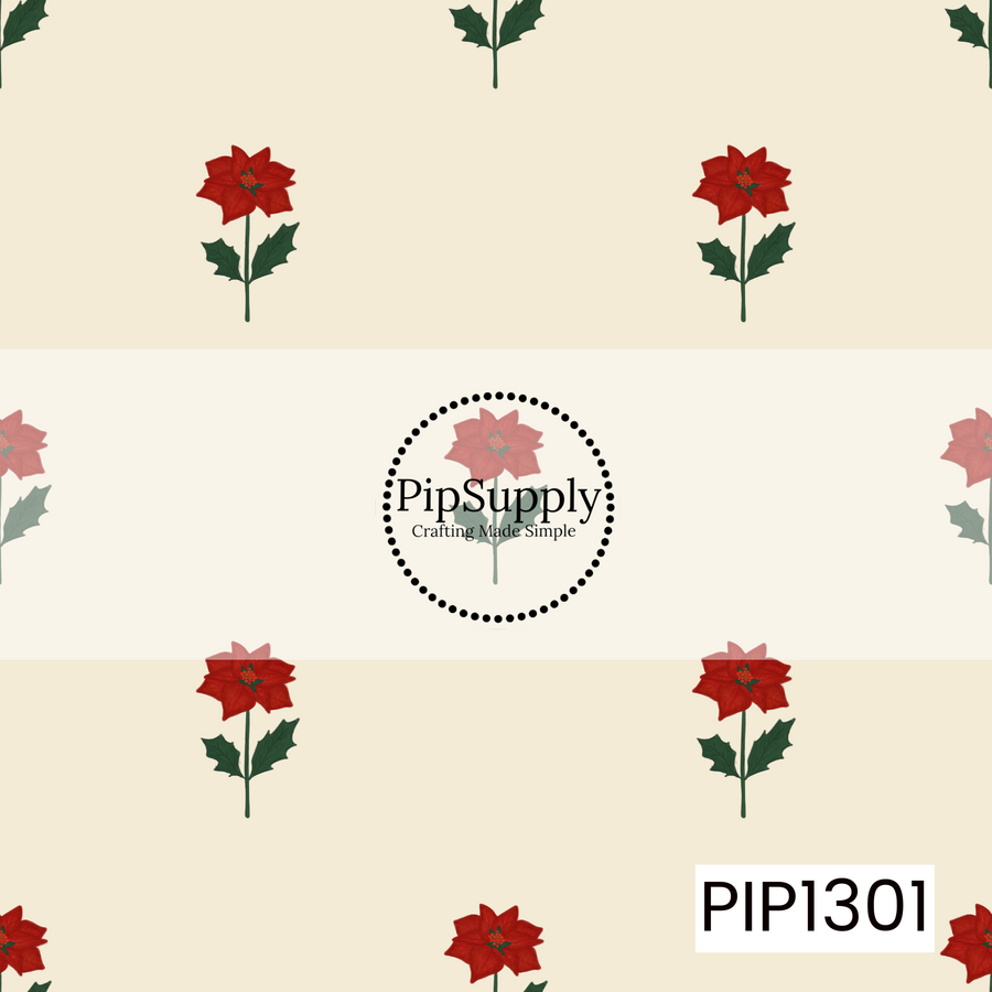 A classic Christmas floral pattern featuring rich red poinsettias with deep green holly-style leaves scattered across a warm cream background. The simple spacing and hand-painted details give it a timeless, vintage holiday feel.
