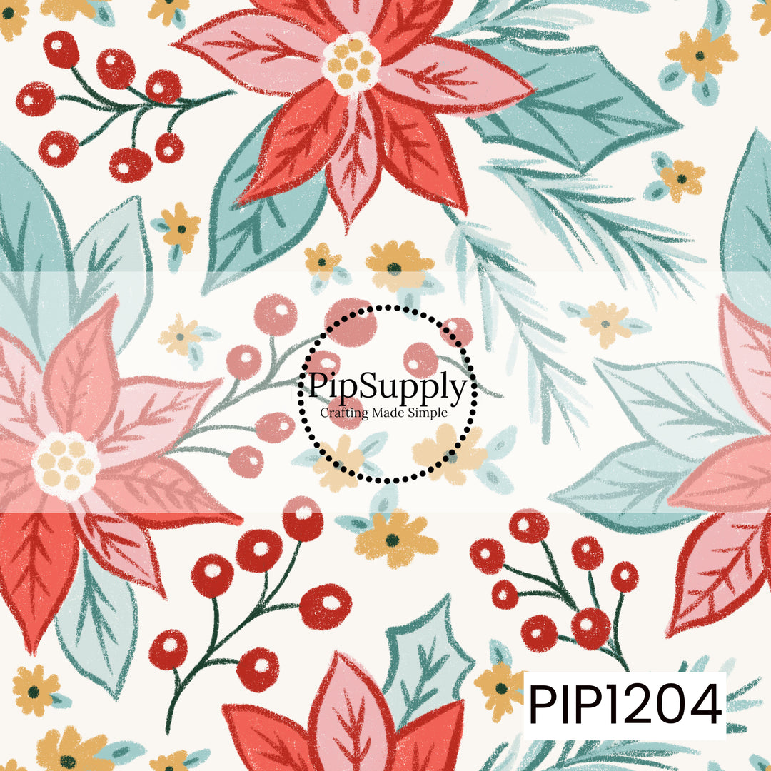 A cheerful holiday floral pattern featuring bold poinsettias in red and soft pink, clusters of bright red berries, and layered greenery in muted teal tones. Small golden yellow flowers are scattered throughout, adding a playful pop of color against the warm cream background.
