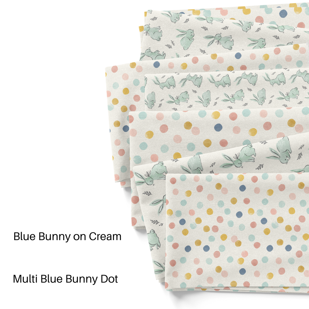 Blue bunnies and dots on fabric by the the yard swatches.