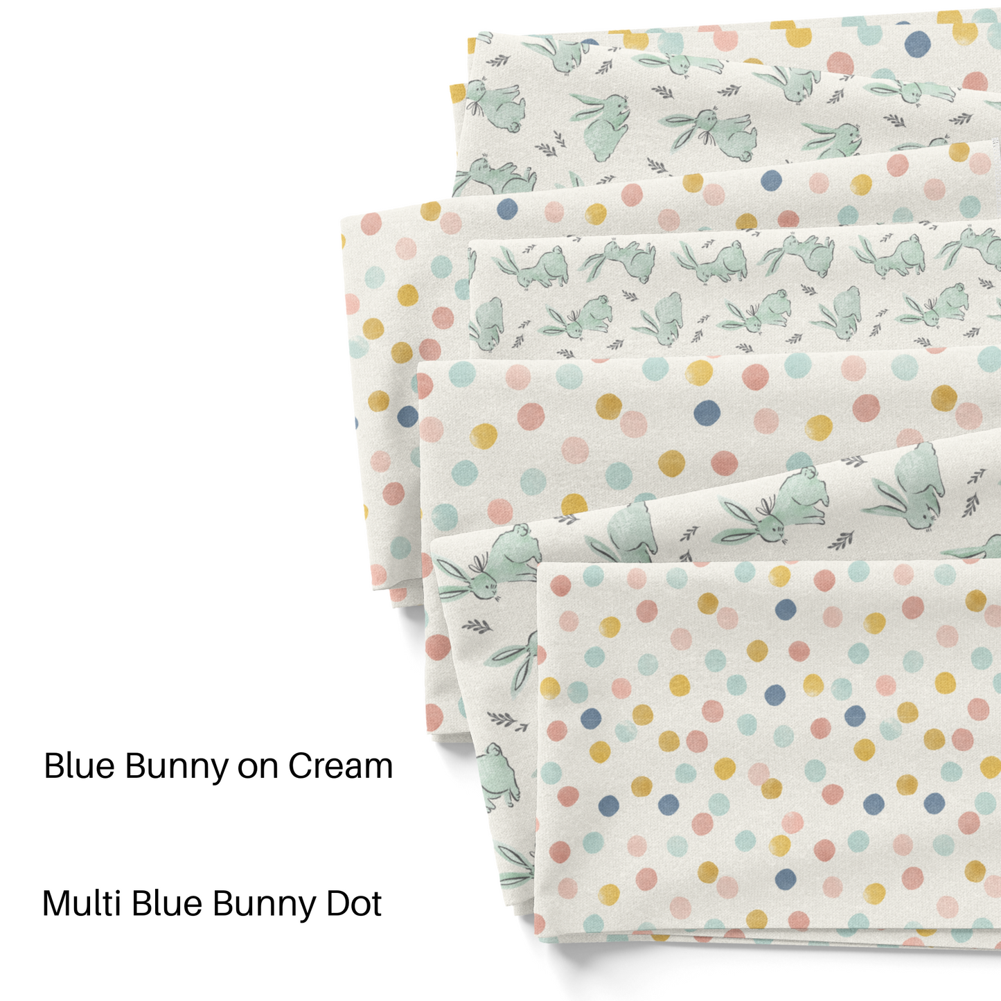 Point and Poem fabric by the yard swatches with bunnies and multi-colored dots.
