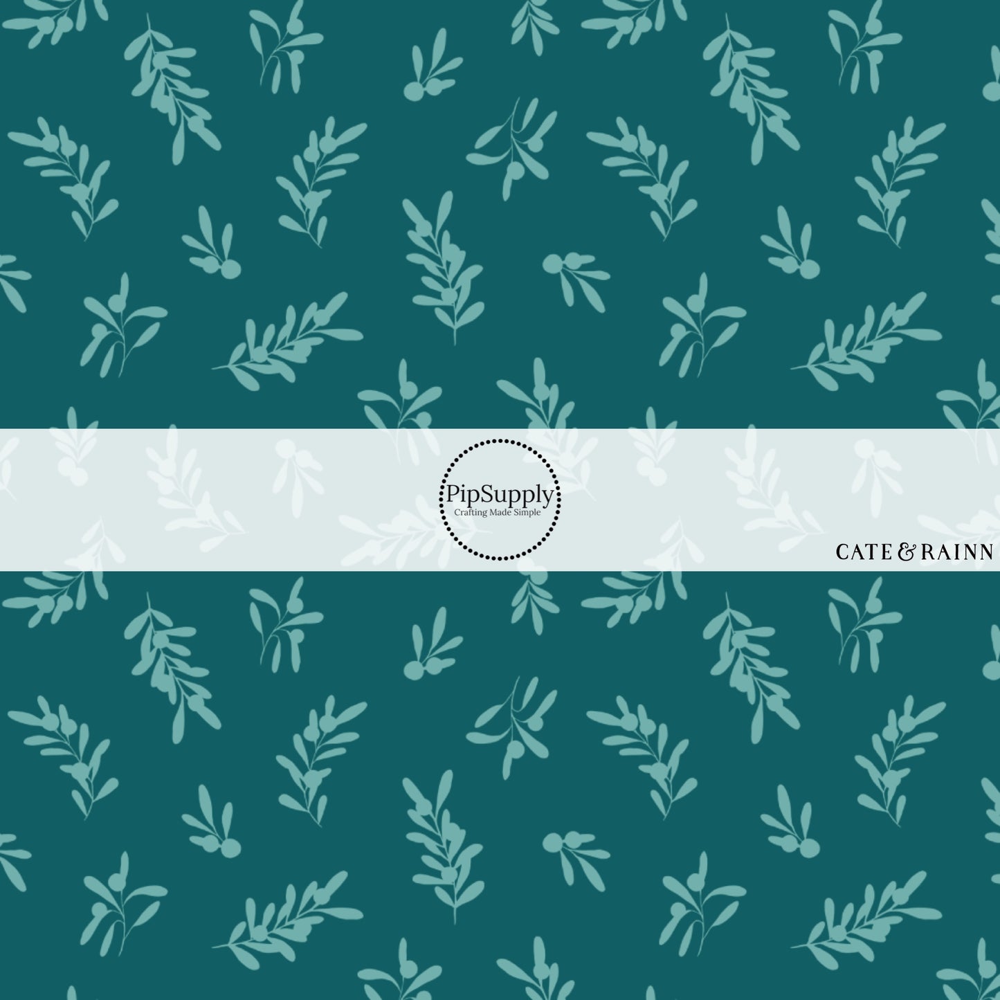 Teal fabric by the yard with holly leaves.