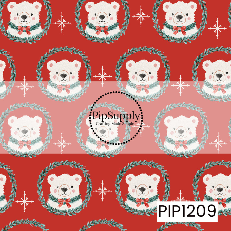 A sweet watercolor Christmas pattern featuring adorable white polar bears framed inside evergreen wreaths accented with red bows. Delicate white snowflakes are scattered throughout a rich red background, giving the design a cozy, classic holiday feel.
