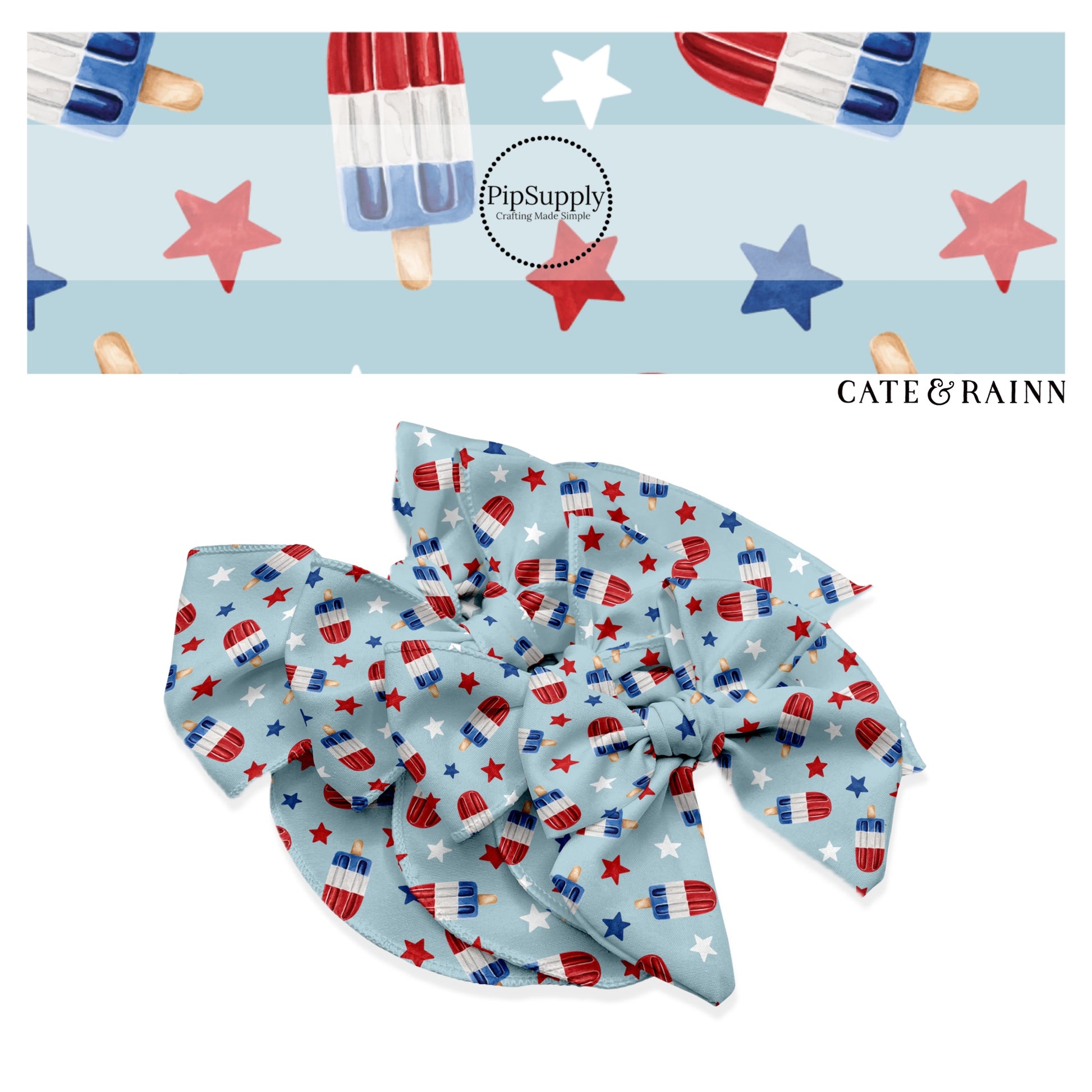 These patriotic themed no sew bow strips can be easily tied and attached to a clip for a finished hair bow. These patterned bow strips are great for personal use or to sell. These bow strips features patriotic popsicles surrounded by red and blue stars. 