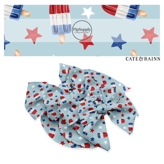 These patriotic themed no sew bow strips can be easily tied and attached to a clip for a finished hair bow. These patterned bow strips are great for personal use or to sell. These bow strips features patriotic popsicles surrounded by red and blue stars. 