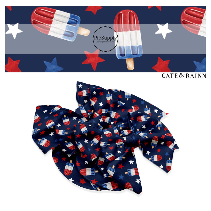 These patriotic themed no sew bow strips can be easily tied and attached to a clip for a finished hair bow. These patterned bow strips are great for personal use or to sell. These bow strips features patriotic popsicles surrounded by red and blue stars. 