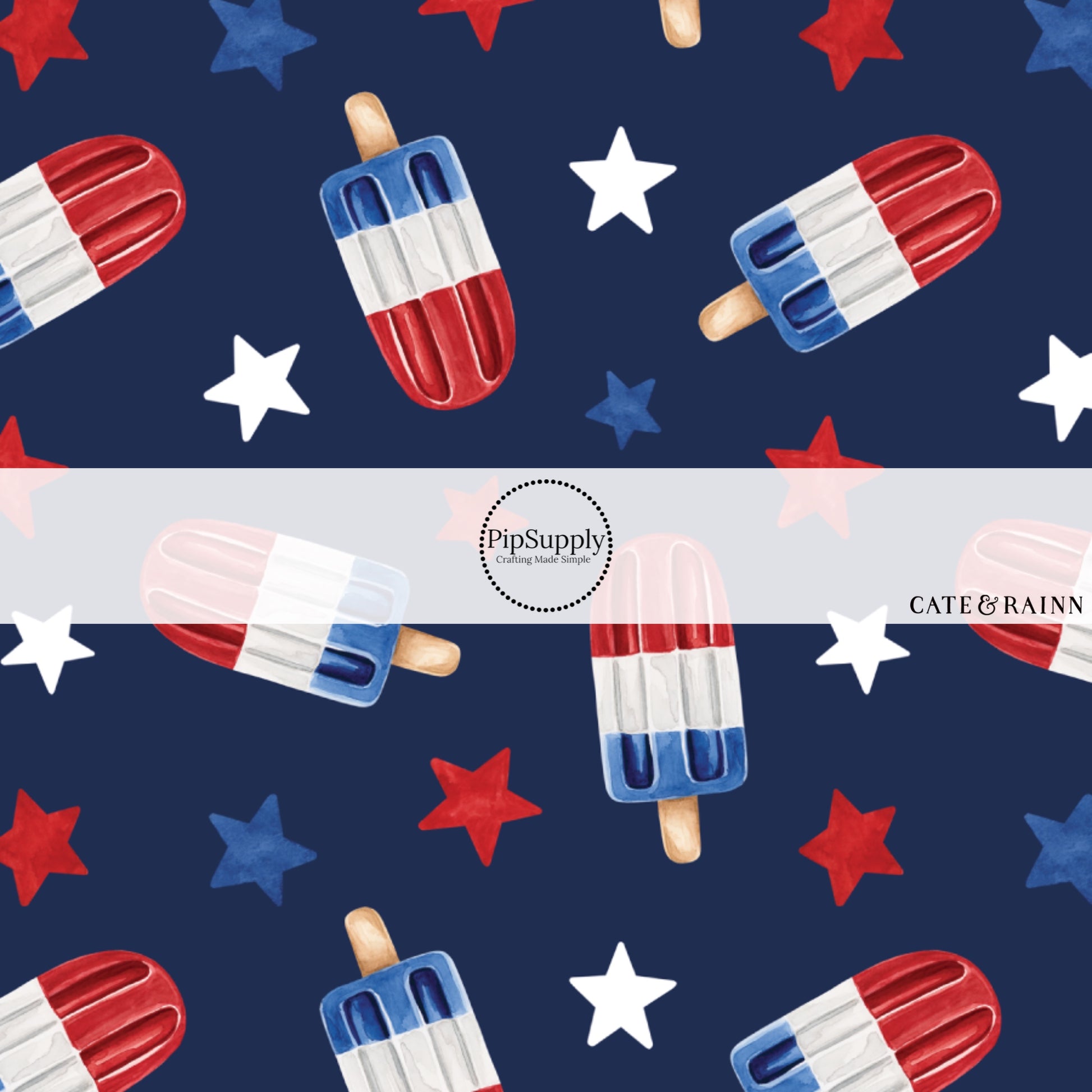 These patriotic themed no sew bow strips can be easily tied and attached to a clip for a finished hair bow. These patterned bow strips are great for personal use or to sell. These bow strips features patriotic popsicles surrounded by red and blue stars. 