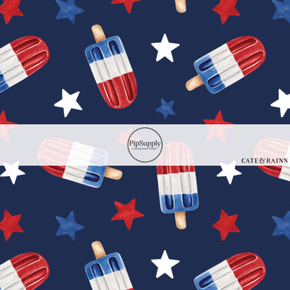 These patriotic themed no sew bow strips can be easily tied and attached to a clip for a finished hair bow. These patterned bow strips are great for personal use or to sell. These bow strips features patriotic popsicles surrounded by red and blue stars. 