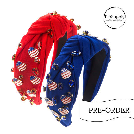 PRE-ORDER Heart Flag & Rhinestone Knotted Headband (estimated to ship the w/o May 27th)