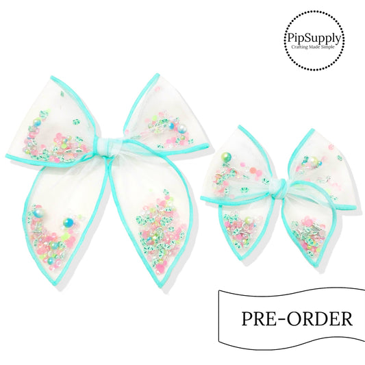 PRE-ORDER Light Aqua Shells & Pearls Pre-Filled Tied Shaker Hair Bow w/Clip (estimated to ship the w/o May 27th)