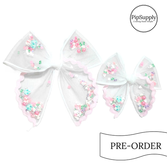PRE-ORDER Lt Pink Ric Rac Pastel Seashell Pre-Filled Tied Shaker Hair Bow w/Clip (estimated to ship the w/o April 29th)