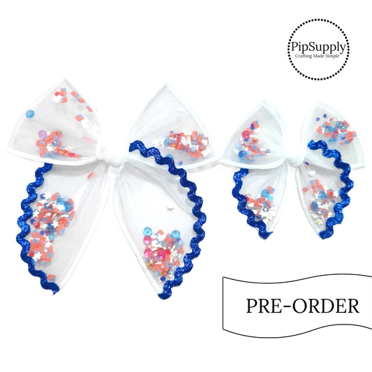 PRE-ORDER Metallic Blue Ric Rac Trimmed Pre-Filled Tied Shaker Bow w/Clip (estimated to ship the w/o May 27th)