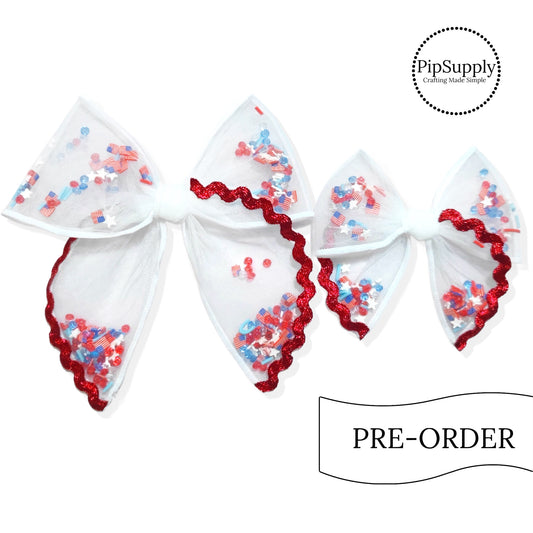 PRE-ORDER Metallic Red Ric Rac Trimmed Pre-Filled Tied Shaker Bow w/Clip (estimated to ship the w/o May 27th)