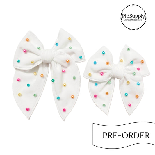 PRE-ORDER Off White Velvet Multi Pearl Beaded Hair Bow - TIED w/Clip (estimated to ship the w/o April 29th)