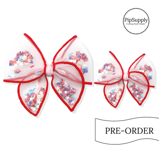 PRE-ORDER Patriotic Cutie Tulle Pre-Filled Tied Shaker Hair Bow w/Clip (estimated to ship the w/o May 27th)