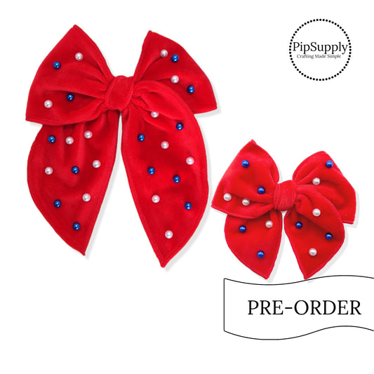PRE-ORDER Patriotic Red Velvet Pearl Beaded Hair Bow - TIED w/Clip (estimated to ship the w/o May 27th)