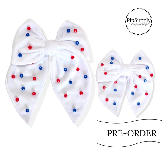 PRE-ORDER Patriotic White Velvet Pearl Beaded Hair Bow - TIED w/Clip (estimated to ship the w/o May 27th)