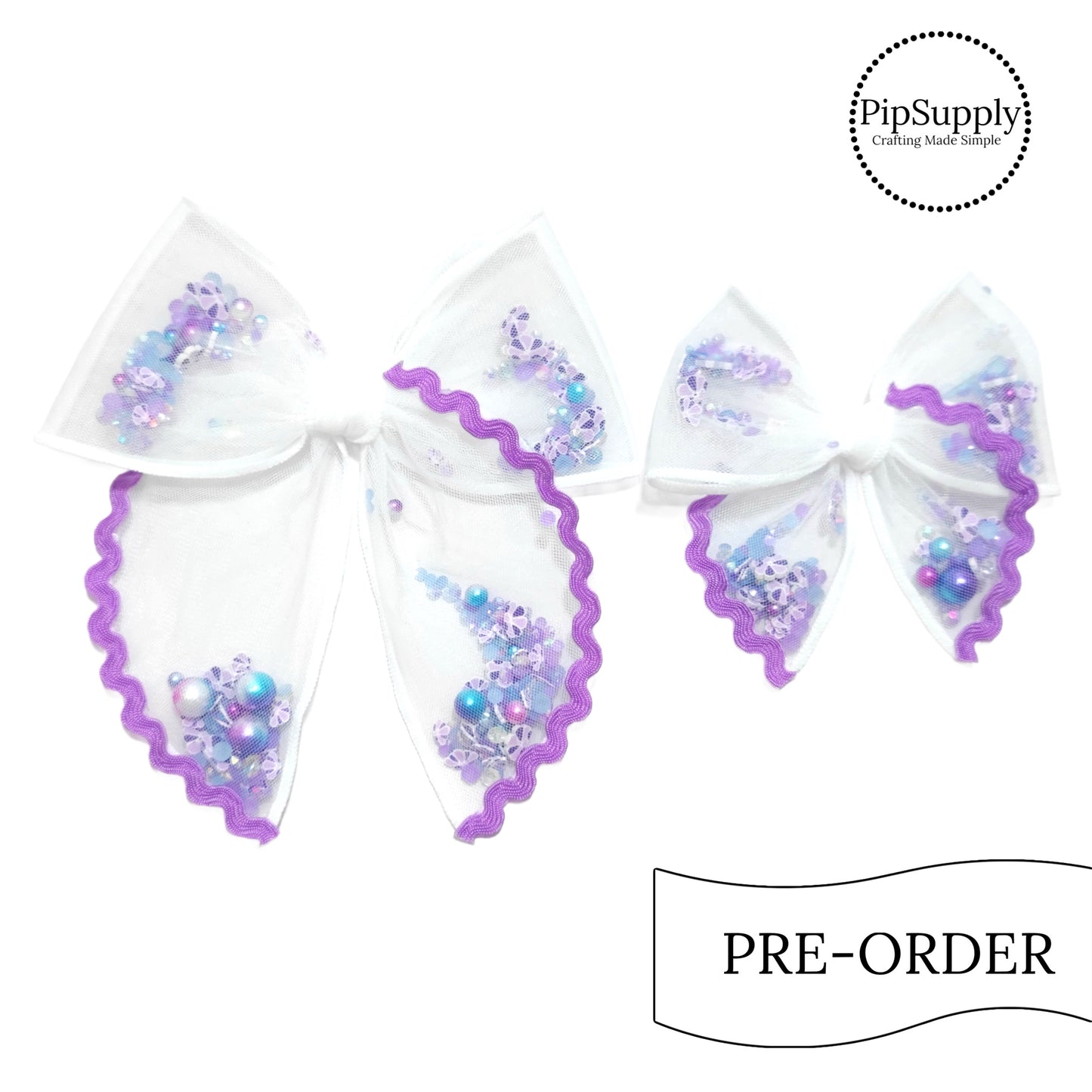 PRE-ORDER Purple Ric Rac Pearl Seashell Pre-Filled Tied Shaker Hair Bow w/Clip (estimated to ship the w/o May 27thth)
