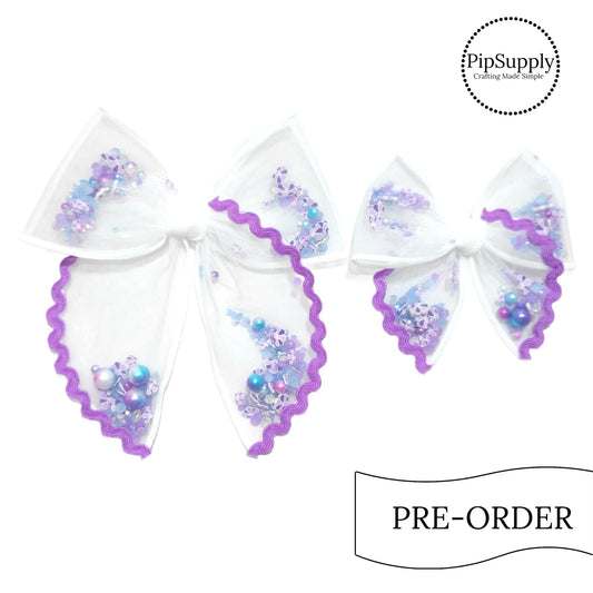 PRE-ORDER Purple Ric Rac Pearl Seashell Pre-Filled Tied Shaker Hair Bow w/Clip (estimated to ship the w/o April 29th)