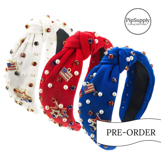 PRE-ORDER Rhinestone Flag & Stars Knotted Headband (estimated to ship the w/o May 27th)