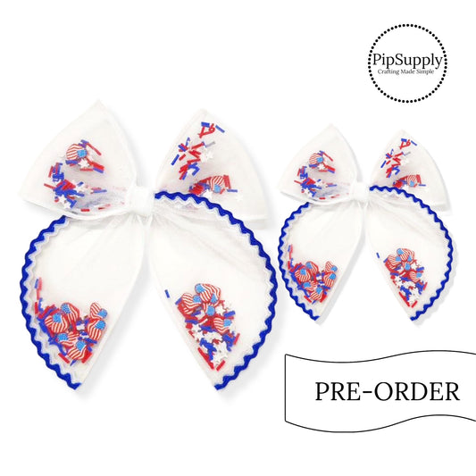 PRE-ORDER Royal Blue Ric Rac Trimmed Pre-Filled Tied Shaker Bow w/Clip (estimated to ship the w/o May 27th)