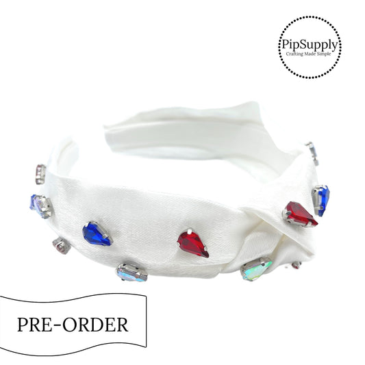 PRE-ORDER Shimmer Organza Patriotic Rhinestone Knotted Headband (estimated to ship the w/o May 27th)