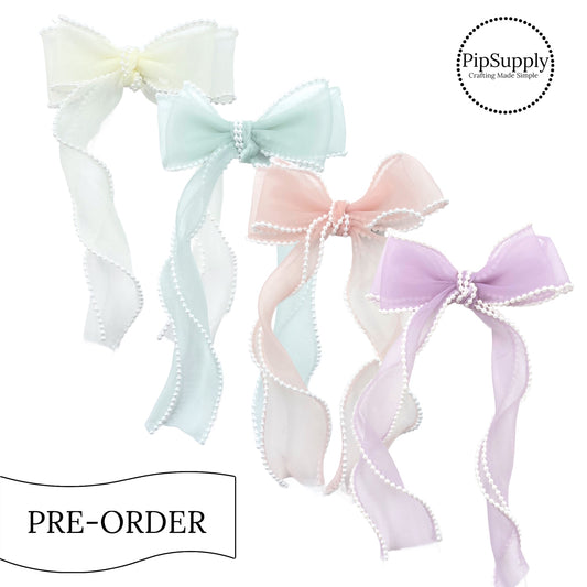 PRE-ORDER Stacked Pearl Trimmed Organza Hair Bow w/Clip (estimated to ship the w/o April 29th)