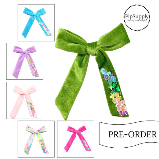 PRE-ORDER Summer Velvet Multi Sequin Long Tail Hair Bow - TIED w/Clip (estimated to ship the w/o April 29th)