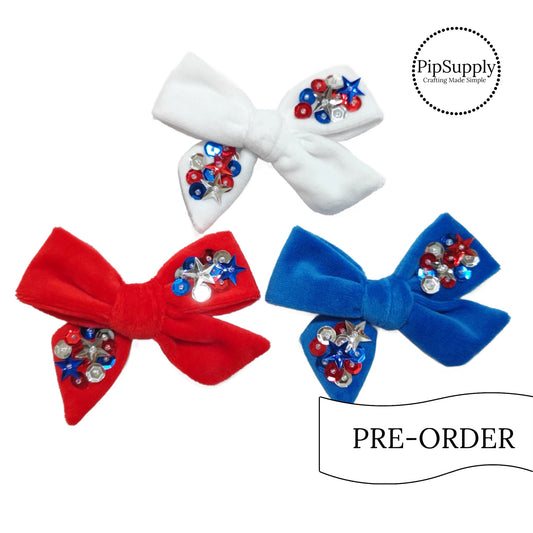 PRE-ORDER Patriotic Sequin Beaded Velvet Hair Bow - TIED w/Clip (estimated to ship the w/o May 27th)