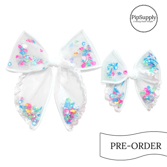 PRE-ORDER White Ric Rac Fish Mix Pre-Filled Tied Shaker Hair Bow w/Clip (estimated to ship the w/o May 27th)