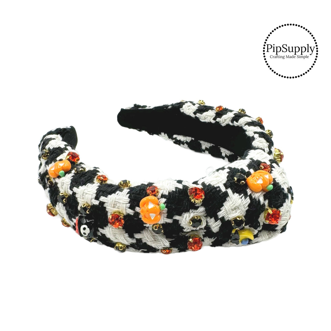 Premium Houndstooth Halloween Bling Knotted Headband