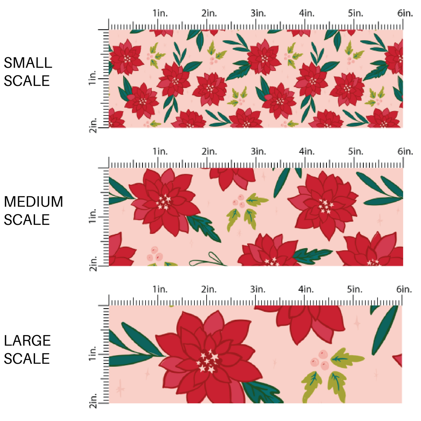This scale chart of small scale, medium scale, and large scale of these holiday pattern themed fabric by the yard features large red poinsettias on pink. This fun Christmas fabric can be used for all your sewing and crafting needs!