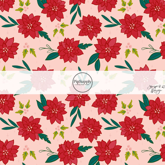 These holiday pattern themed fabric by the yard features large red poinsettias on pink. This fun Christmas fabric can be used for all your sewing and crafting needs!