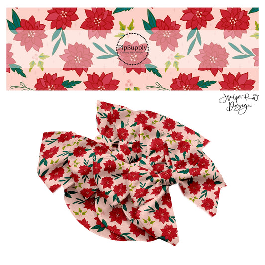 These holiday pattern themed no sew bow strips can be easily tied and attached to a clip for a finished hair bow. These Christmas bow strips are great for personal use or to sell. The bow strips features features large red poinsettias on pink. 