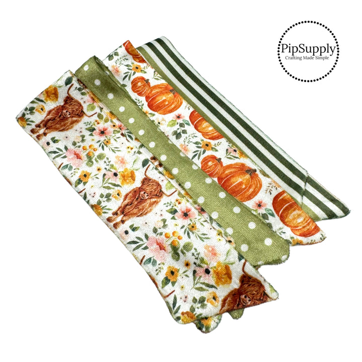 Each fall themed pack includes four untied, flat VELVET Ruth bows printed with the patterns shown in the picture. They will come untied and will need to be tied into a finished bow and attached to a clip or headband. 