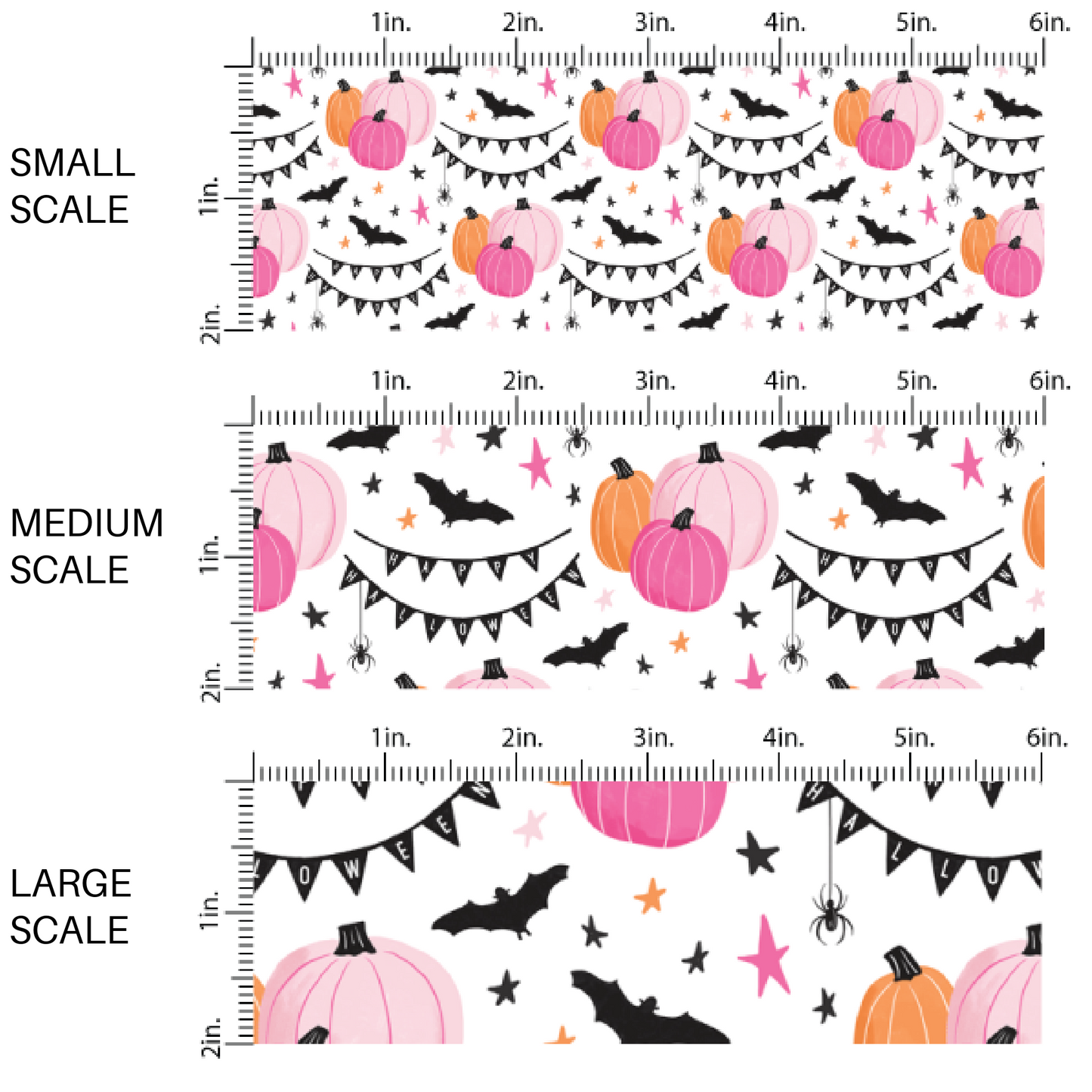 Pink and orange pumpkins, black bats, and Halloween party decorations on white fabric by the yard scaled image guide.
