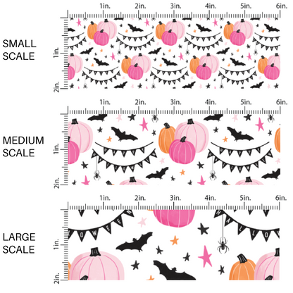Pink and orange pumpkins, black bats, and Halloween party decorations on white fabric by the yard scaled image guide.