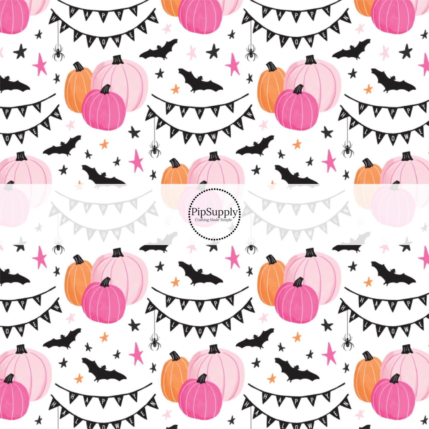 Pink and orange pumpkins, black bats, and Halloween party decorations on white fabric by the yard.
