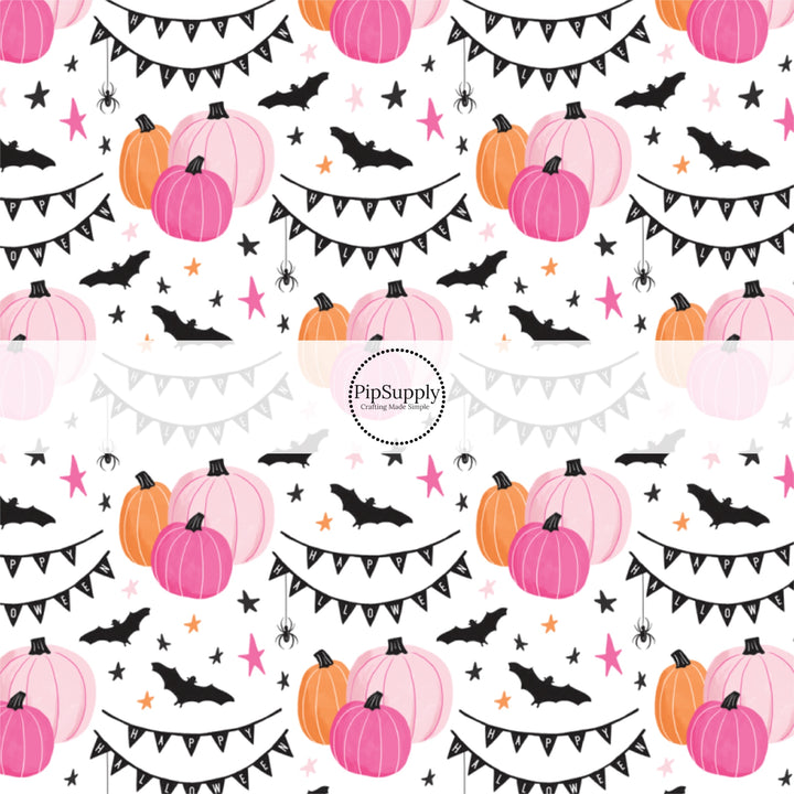 Pink and orange pumpkins, black bats, and Halloween party decorations on white fabric by the yard.