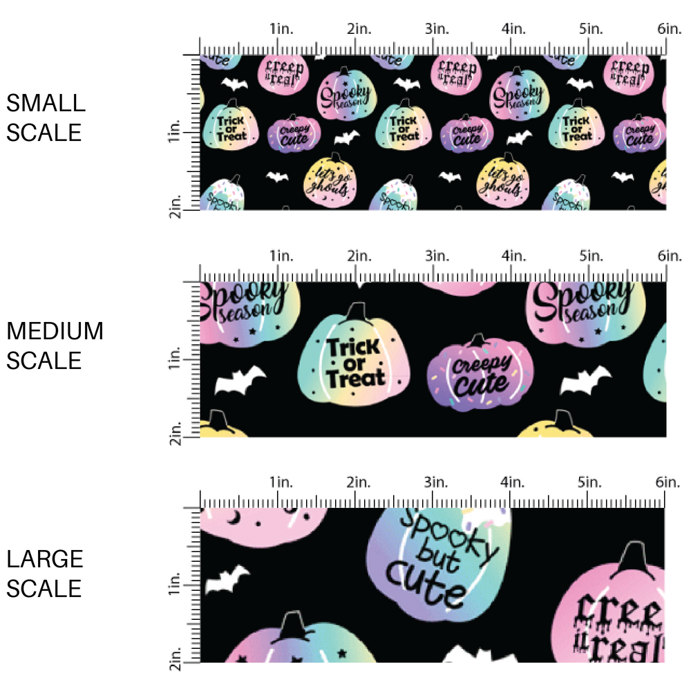 Black fabric by the yard scaled image guide that features pumpkins and popular Halloween phrases.