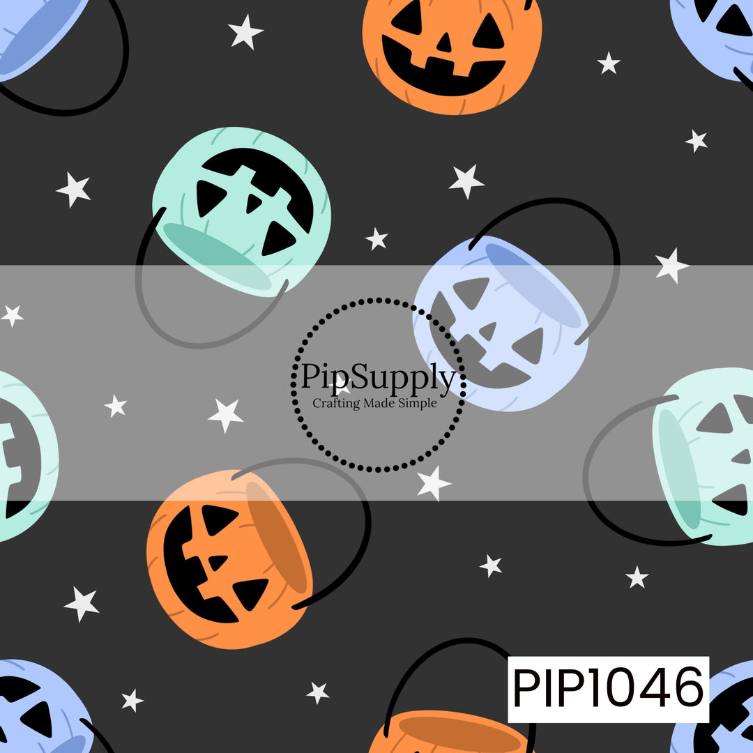 A playful seamless pattern featuring colorful jack-o'-lantern candy buckets in shades of orange, mint, and soft blue scattered across a charcoal background. Tiny white stars add a whimsical touch, creating a fun and festive Halloween design with a retro-inspired color palette.
