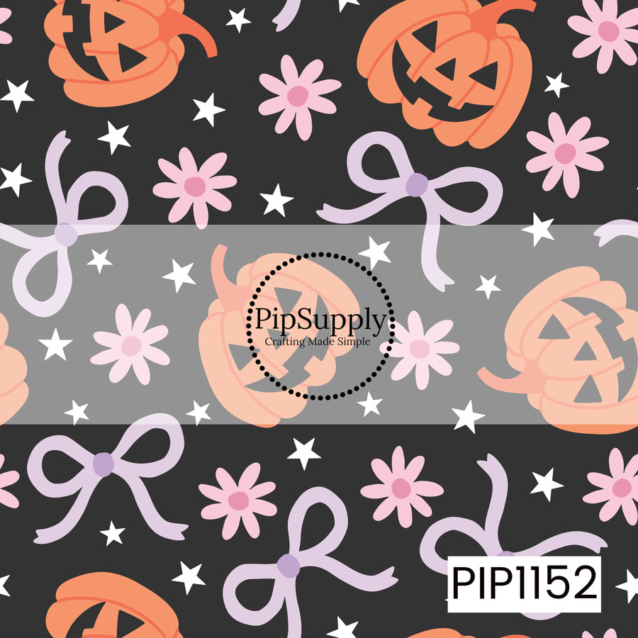 Features scattered jack-o'-lanterns, oversized lavender bows, pink daisies, and white stars on a black background. The playful tossed layout combines classic Halloween elements with soft pastel accents for a bold, whimsical design.
